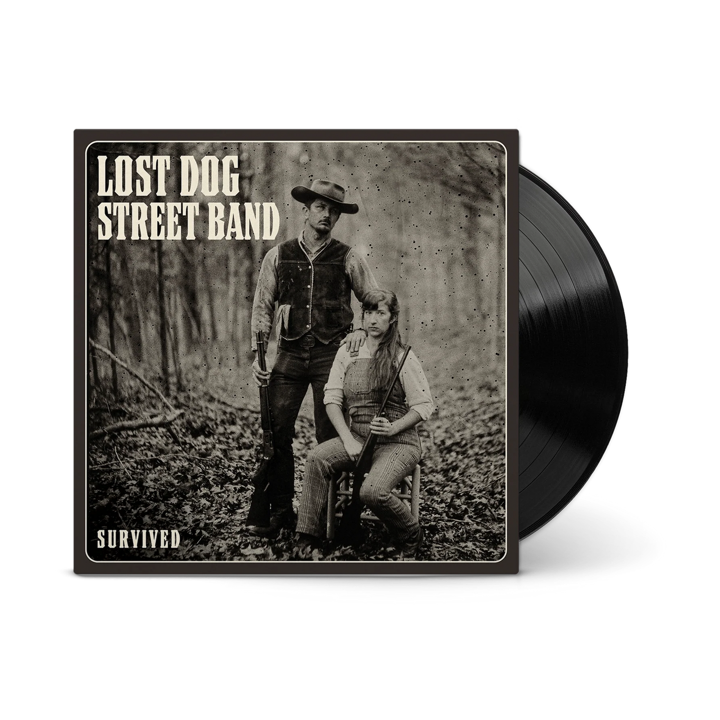 A vinyl record partially pulled from its square album cover. The cover features a sepia-toned photograph of 'LOST DOG STREET BAND' with the text 'SURVIVED'.