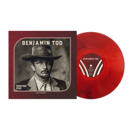 A vinyl record album shown with its sleeve on a plain white background. The sleeve features a sepia-toned portrait of Benjamin Tod wearing a cowboy hat, and the record itself is red with a matching red center label.
