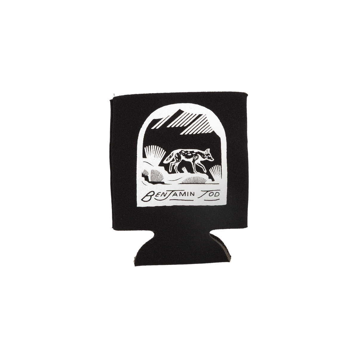 Coyote graphic on a black koozie with Benjamin Tod text