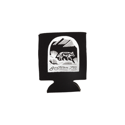 Coyote graphic on a black koozie with Benjamin Tod text