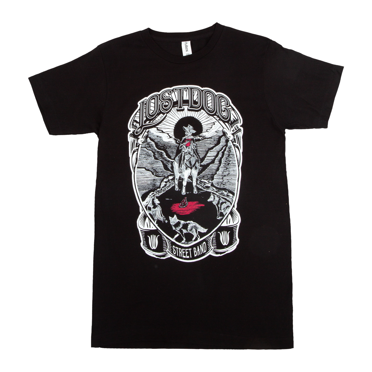 Lost Dog Street Band tee with cowboy skeleton