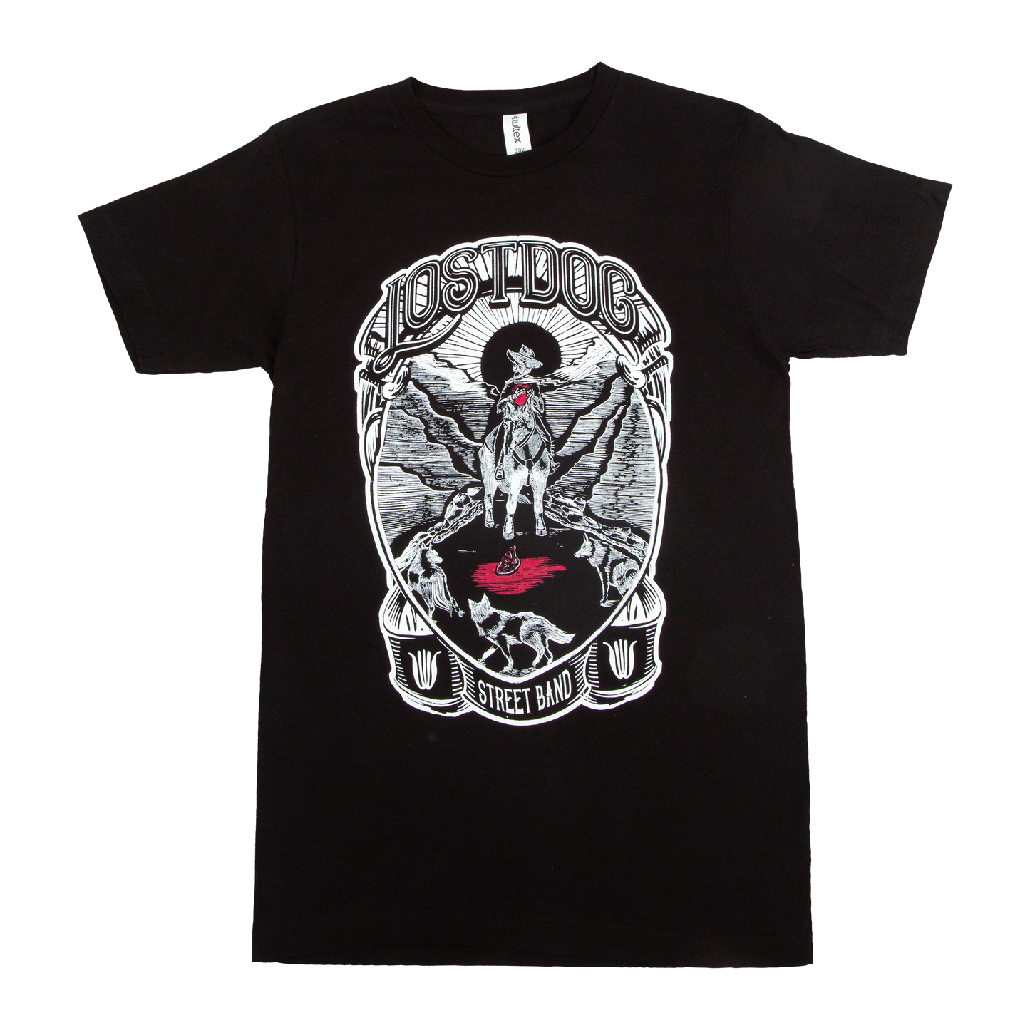 Lost Dog Street Band tee with cowboy skeleton