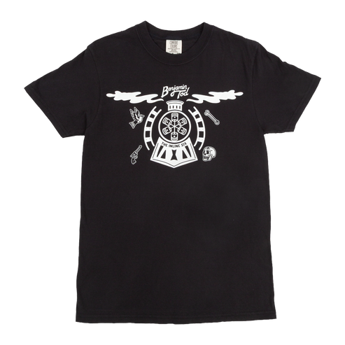 Train inspired graphic on the front of a black tee with Benjamin Tod + The Inline Six text