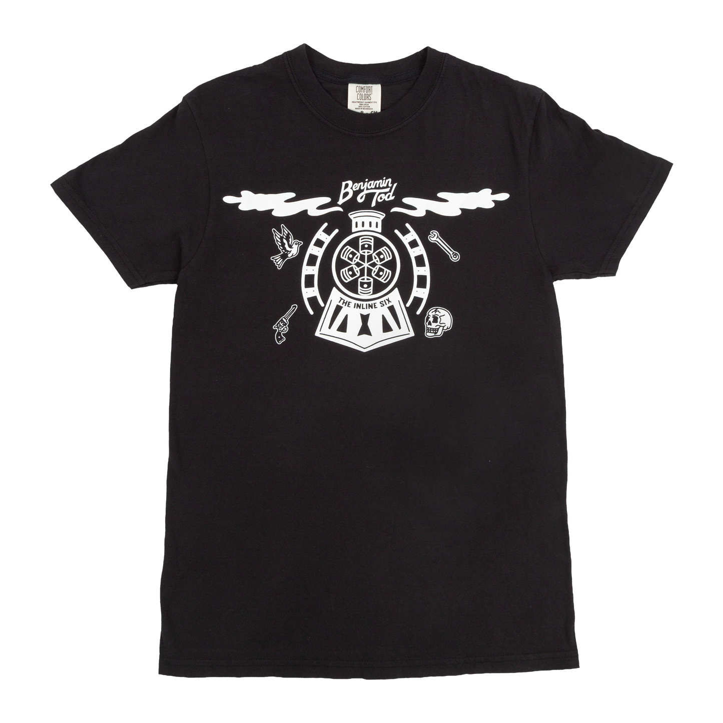 Train inspired graphic on the front of a black tee with Benjamin Tod + The Inline Six text