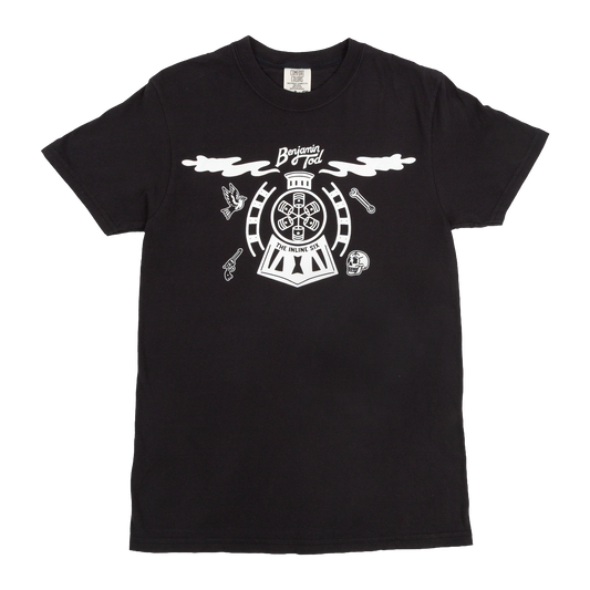 Train inspired graphic on the front of a black tee with Benjamin Tod + The Inline Six text