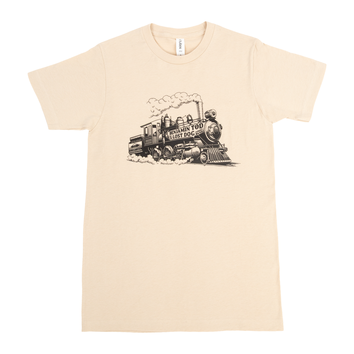 Lost Dog Street Band Steam train illustration on the front of a cream tee