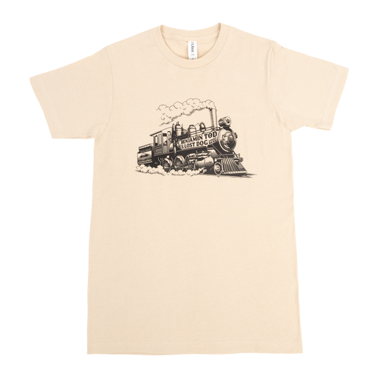 Lost Dog Street Band Steam train illustration on the front of a cream tee