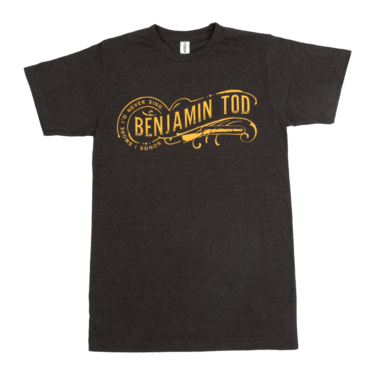 Graphic with 'Songs I Swore I'd Never Sing' script around Benjamin Tod logo