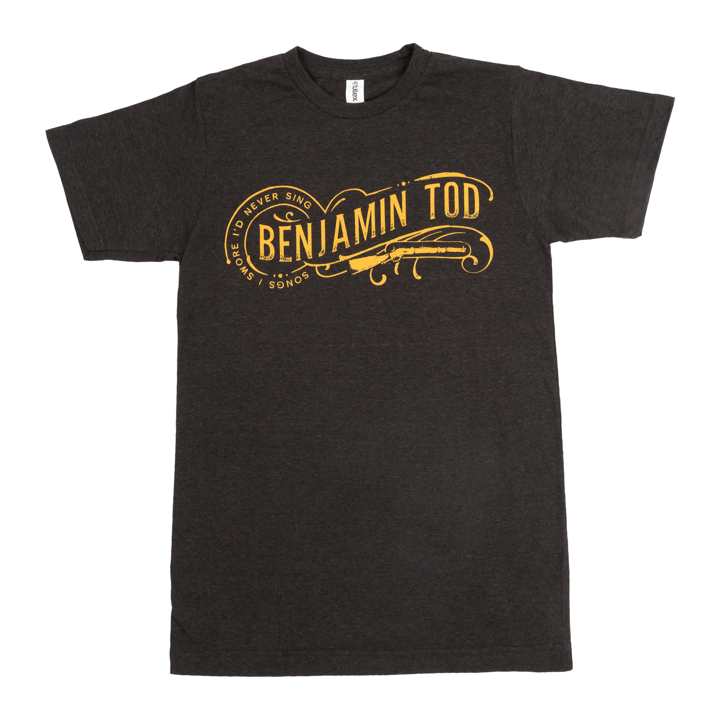 Graphic with 'Songs I Swore I'd Never Sing' script around Benjamin Tod logo