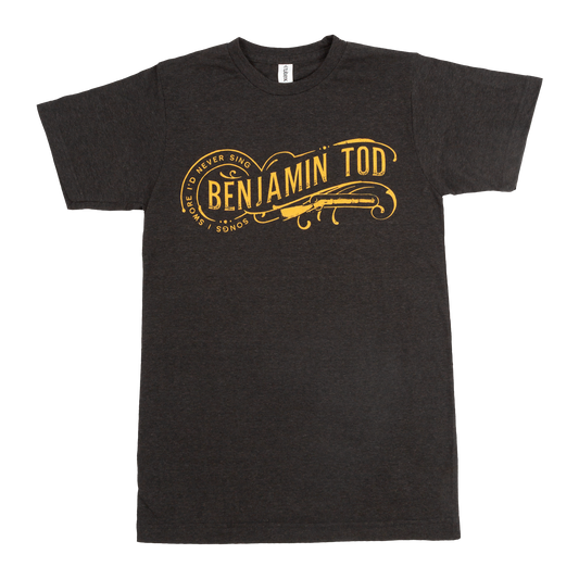 Graphic with 'Songs I Swore I'd Never Sing' script around Benjamin Tod logo