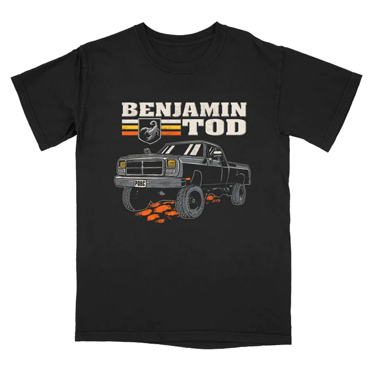 Truck graphic with Benjamin Tod text on the front of a black tee