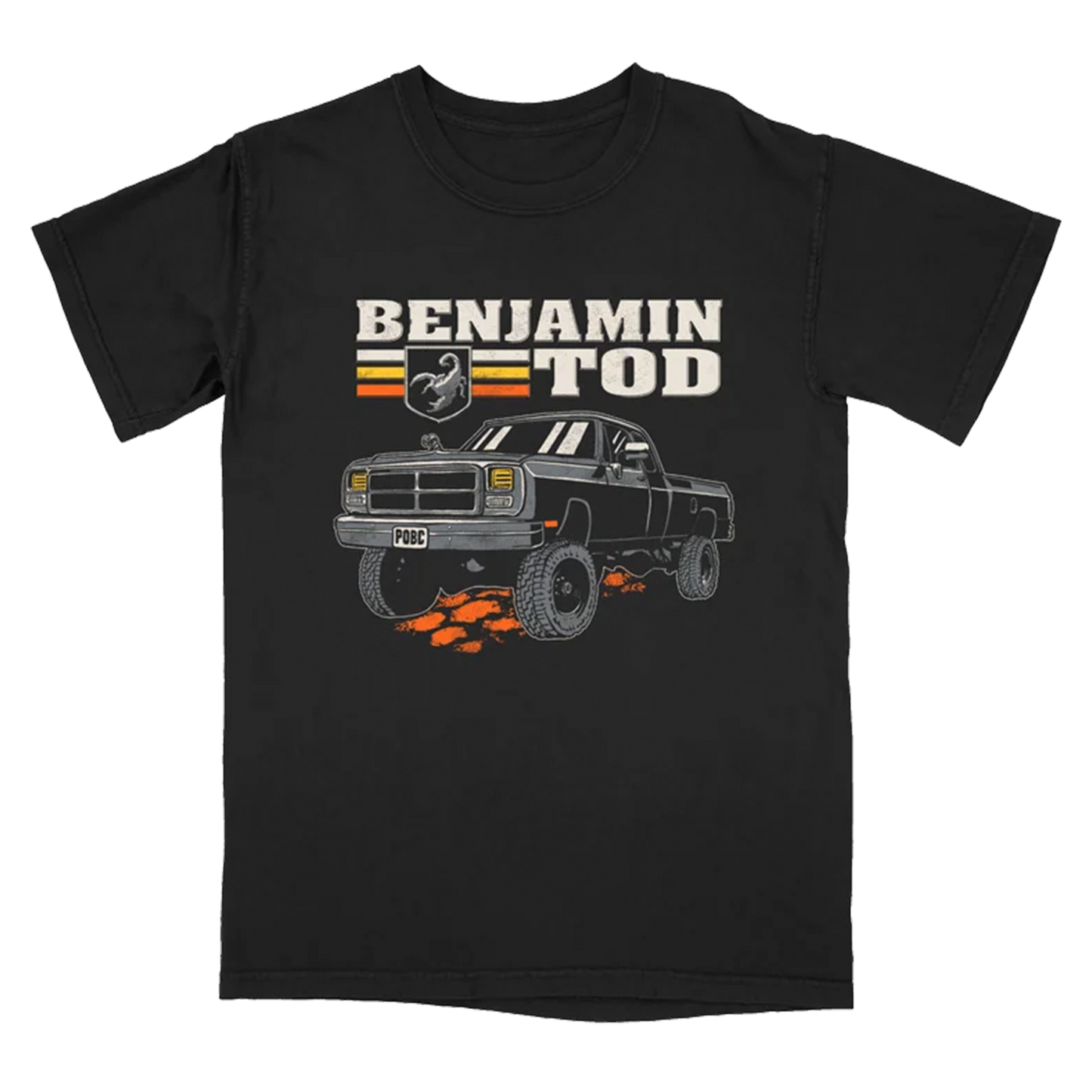 Truck graphic with Benjamin Tod text on the front of a black tee