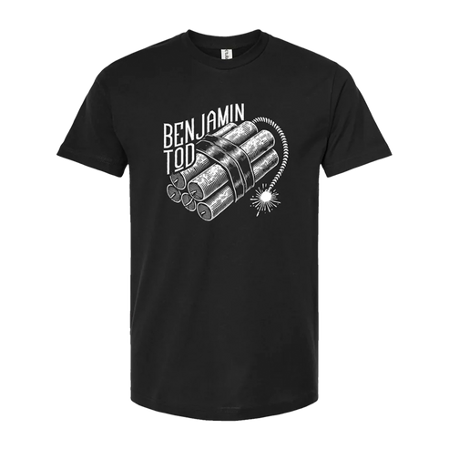 Benjamin Tod dynamite graphic on the front of a black tee