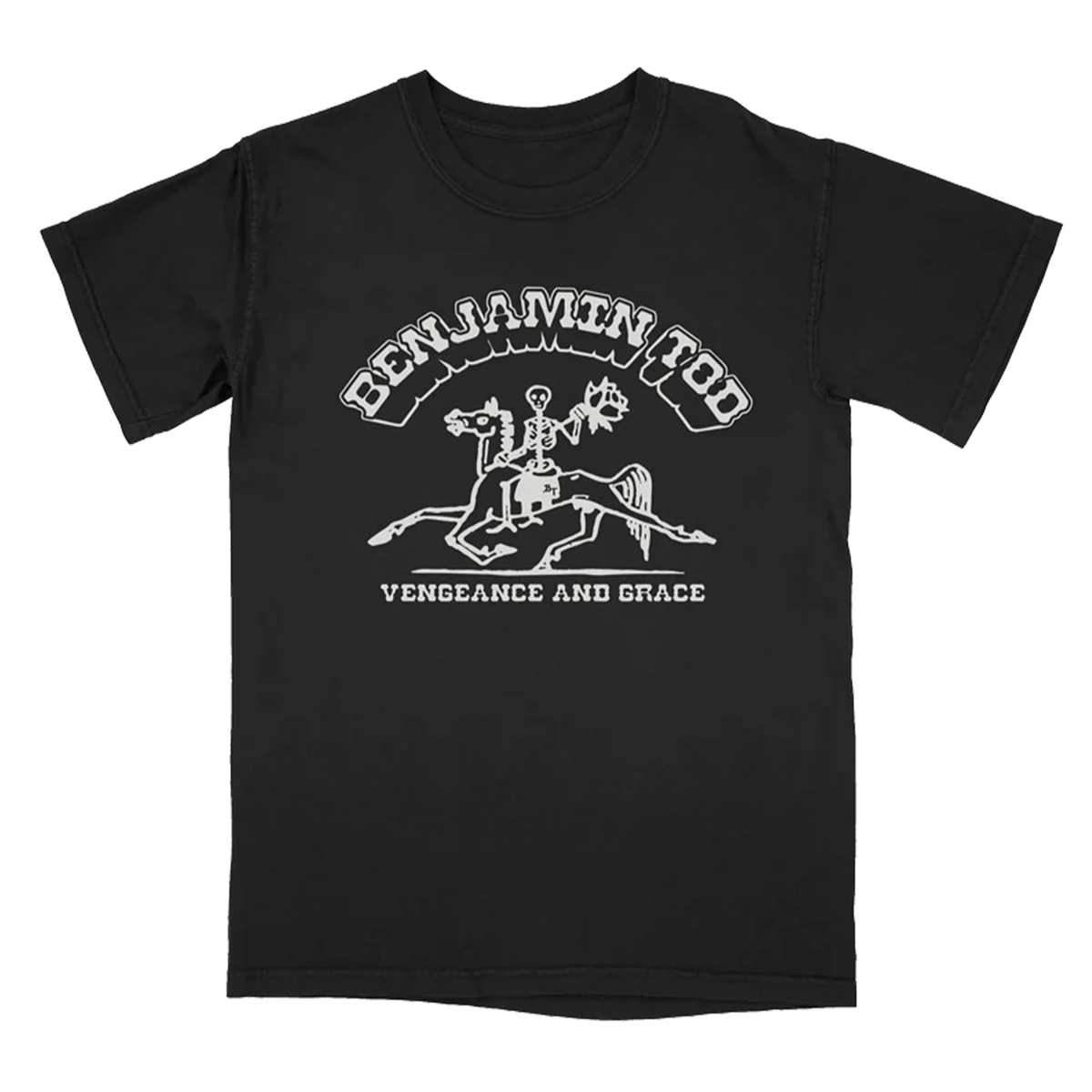 Benjamin Tod black tee with Vengeance and Grace graphic on the front