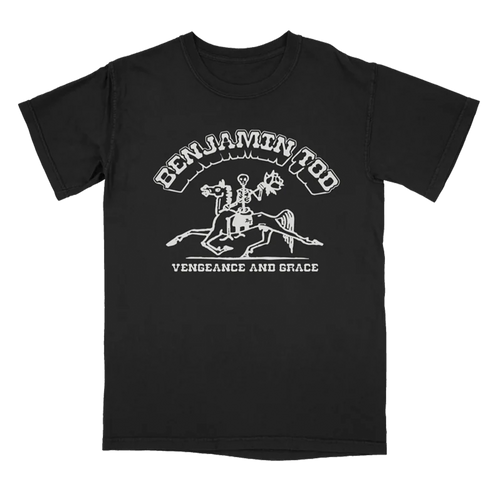 Benjamin Tod black tee with Vengeance and Grace graphic on the front