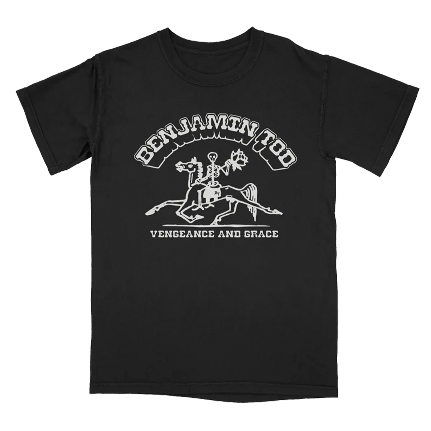Benjamin Tod black tee with Vengeance and Grace graphic on the front