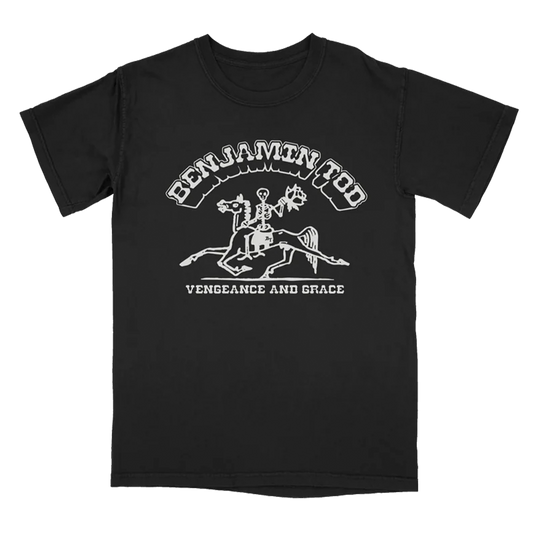 Benjamin Tod black tee with Vengeance and Grace graphic on the front