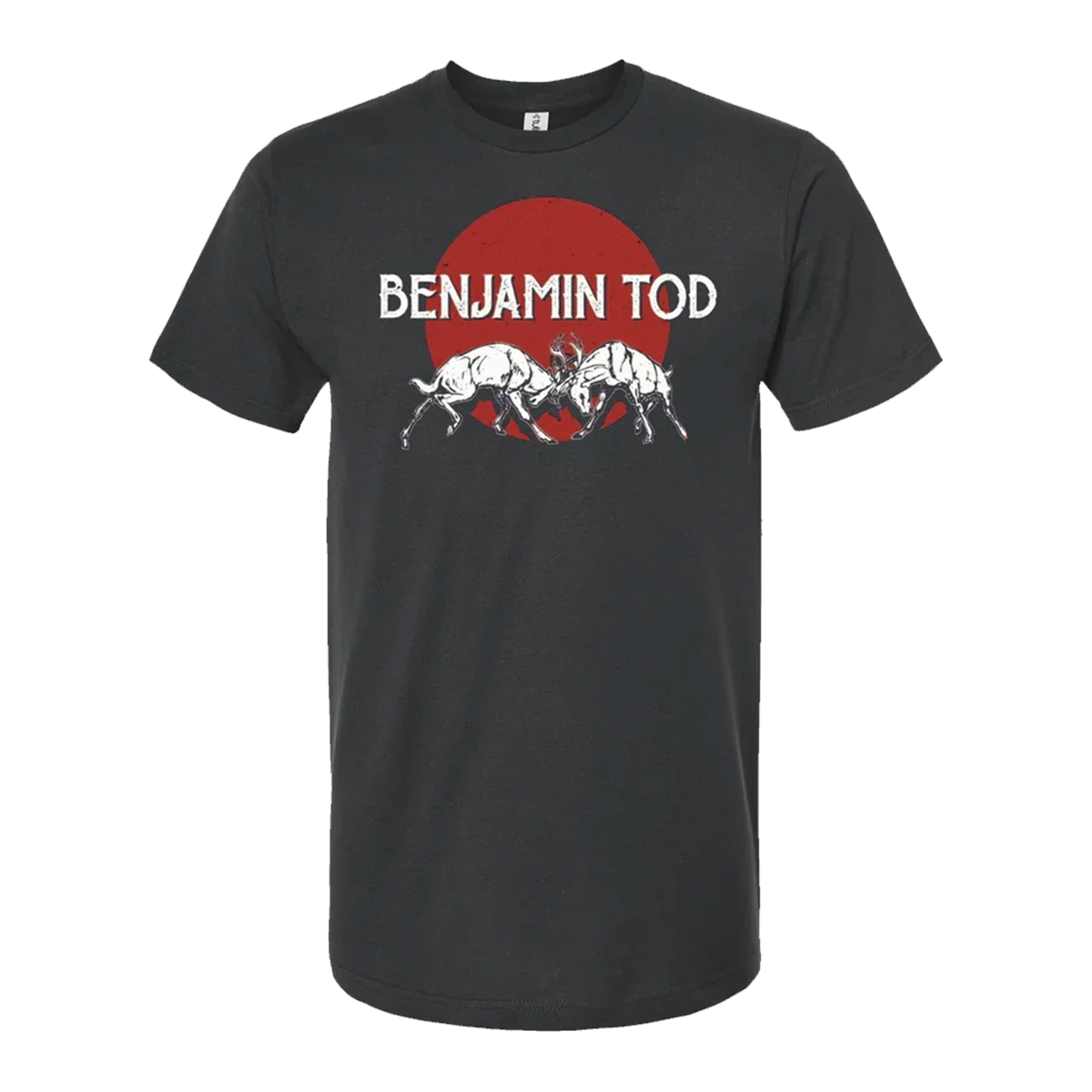 Two bucks sparring on the front of a grey tee with a red circle and Benjamin Tod text on the front