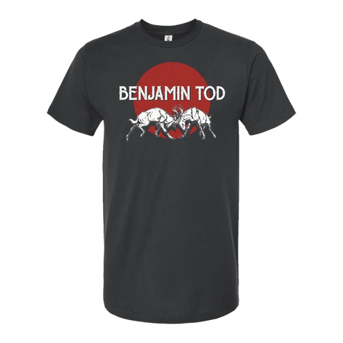 Two bucks sparring on the front of a grey tee with a red circle and Benjamin Tod text on the front