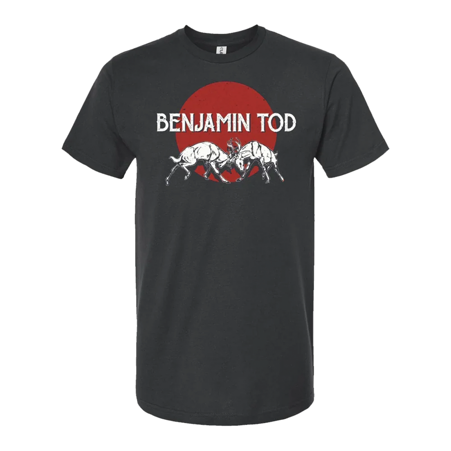 Two bucks sparring on the front of a grey tee with a red circle and Benjamin Tod text on the front