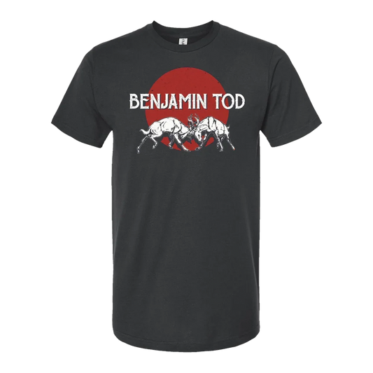 Two bucks sparring on the front of a grey tee with a red circle and Benjamin Tod text on the front