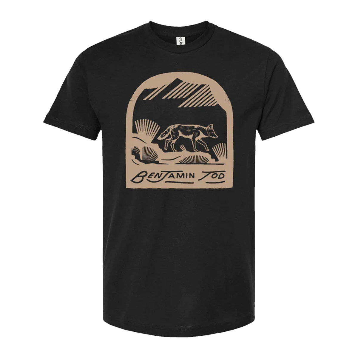 Coyote graphic printed in tan on the front of a black tee with Benjamin Tod text