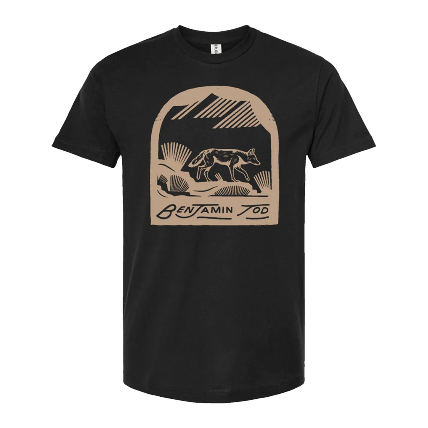 Coyote graphic printed in tan on the front of a black tee with Benjamin Tod text