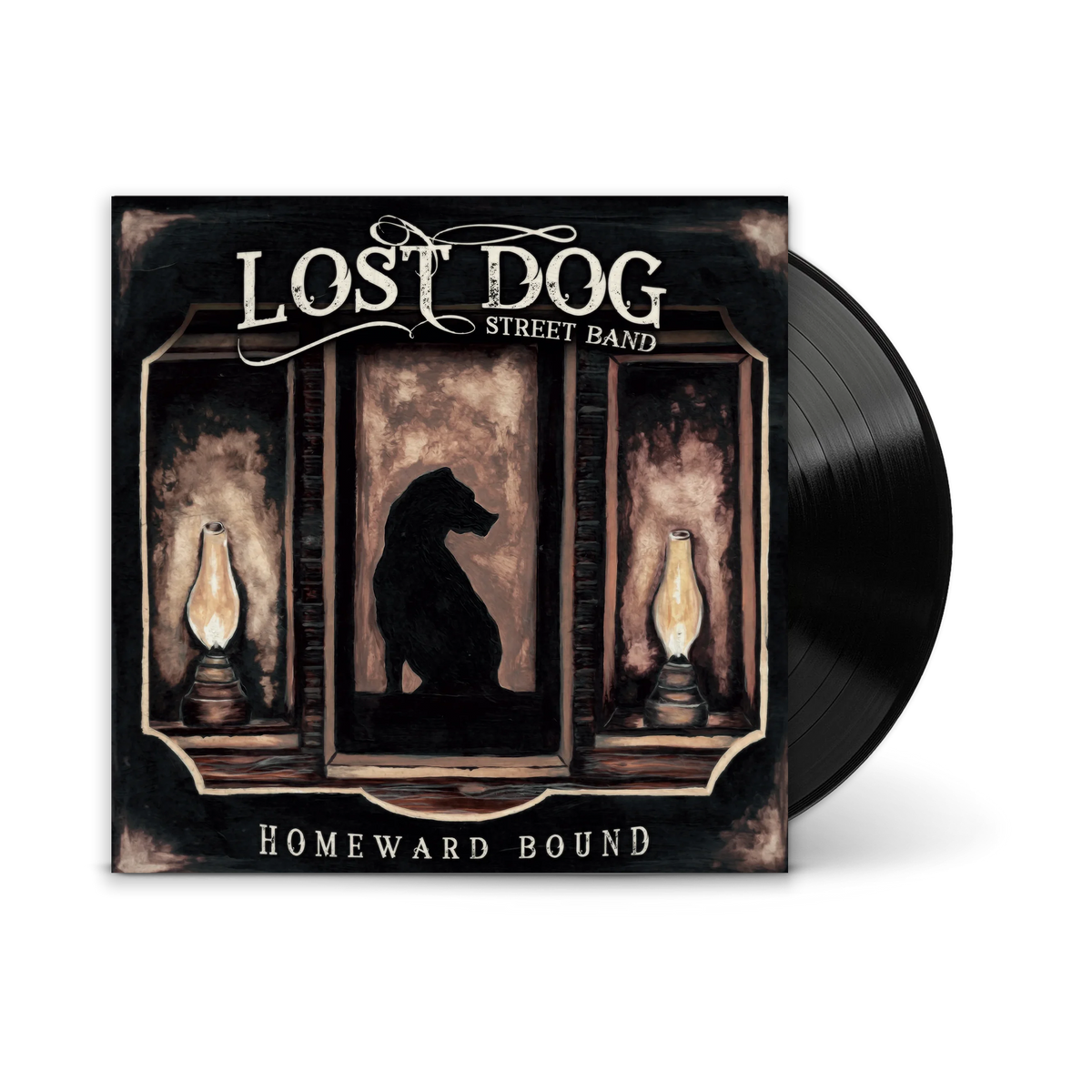 A vinyl record partially pulled from its album cover, showing the front artwork for the band Lost Dog Street Band's release 'Homeward Bound.' The cover art depicts a dark silhouette of a dog seated between two lit oil lamps in a moody interior.