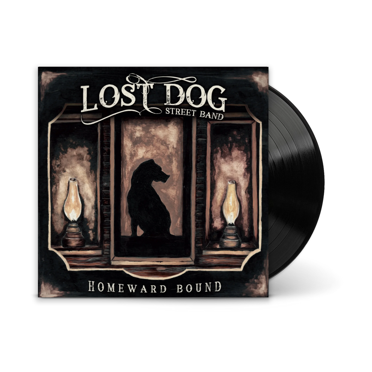 A vinyl record partially pulled from its album cover, showing the front artwork for the band Lost Dog Street Band's release 'Homeward Bound.' The cover art depicts a dark silhouette of a dog seated between two lit oil lamps in a moody interior.