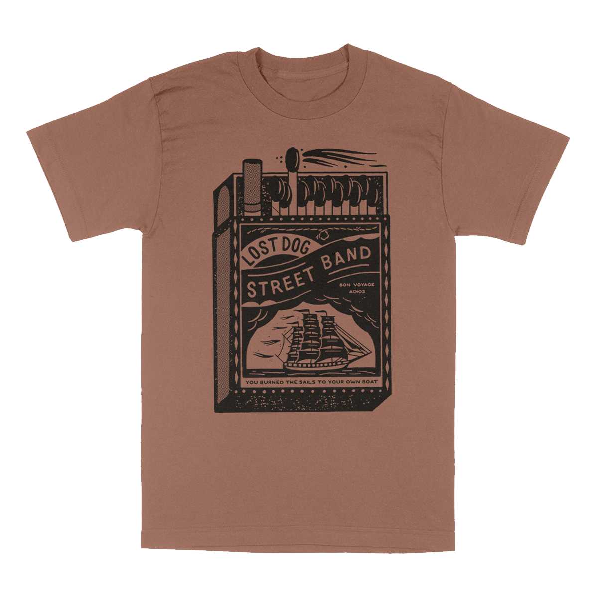 Lost Dog Street Band Matchbox illustration on a light brown tee