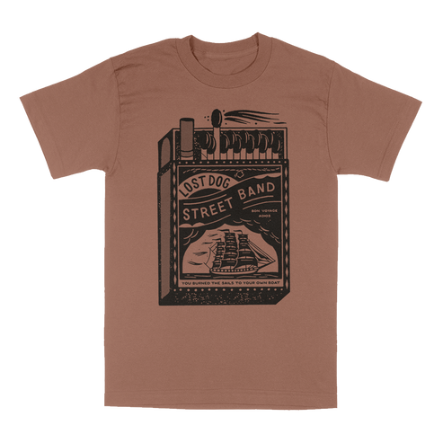 Lost Dog Street Band Matchbox illustration on a light brown tee