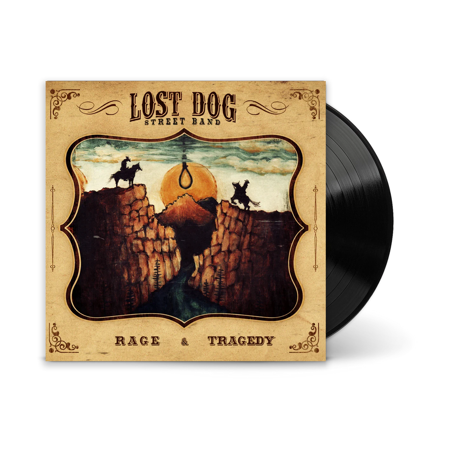 A vinyl record partially pulled from its illustrated album sleeve. The sleeve reads 'LOST DOG STREET BAND' and 'RAGE & TRAGEDY,' with a western-style illustration of cliffs, riders, and a hanging noose on a tan background.