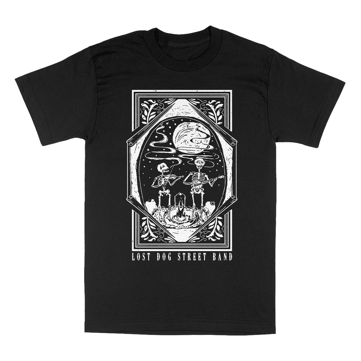 Lost Dog Street Band tee with graphic of Skeletons performing under the moon