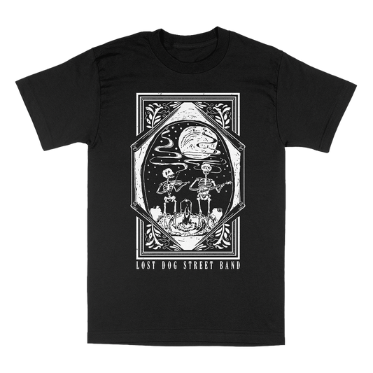 Lost Dog Street Band tee with graphic of Skeletons performing under the moon