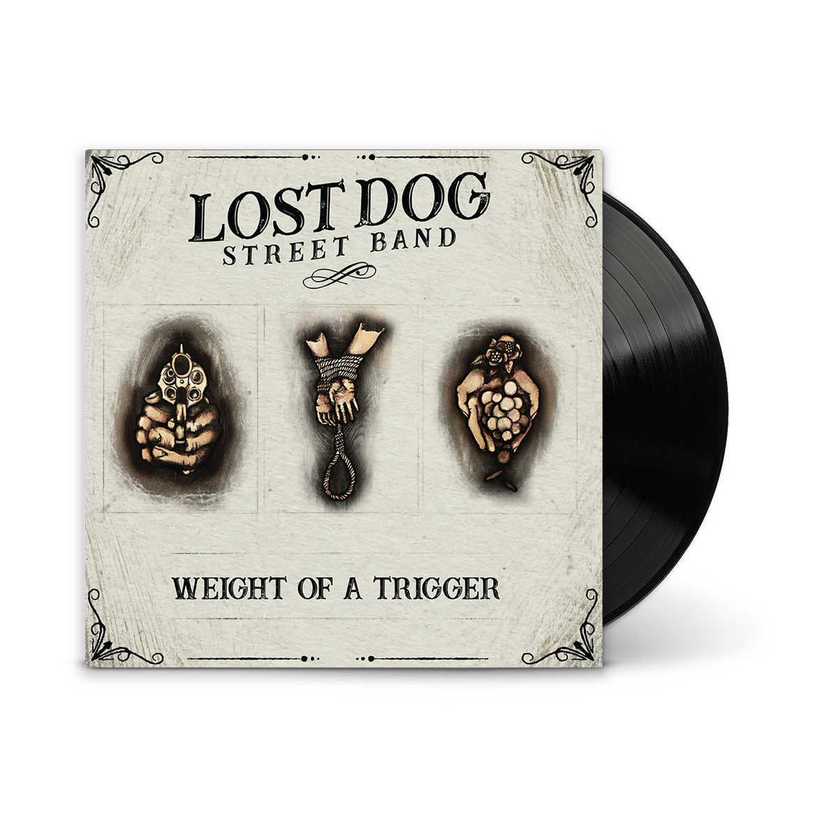 Lost Dog Street Band vinyl record album titled 'Weight of a Trigger', showing the illustrated square album cover with a black vinyl record partially visible behind it