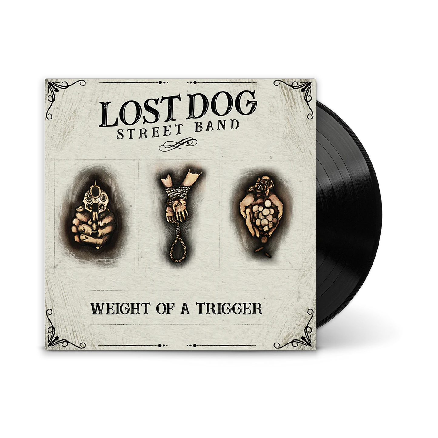 Lost Dog Street Band vinyl record album titled 'Weight of a Trigger', showing the illustrated square album cover with a black vinyl record partially visible behind it